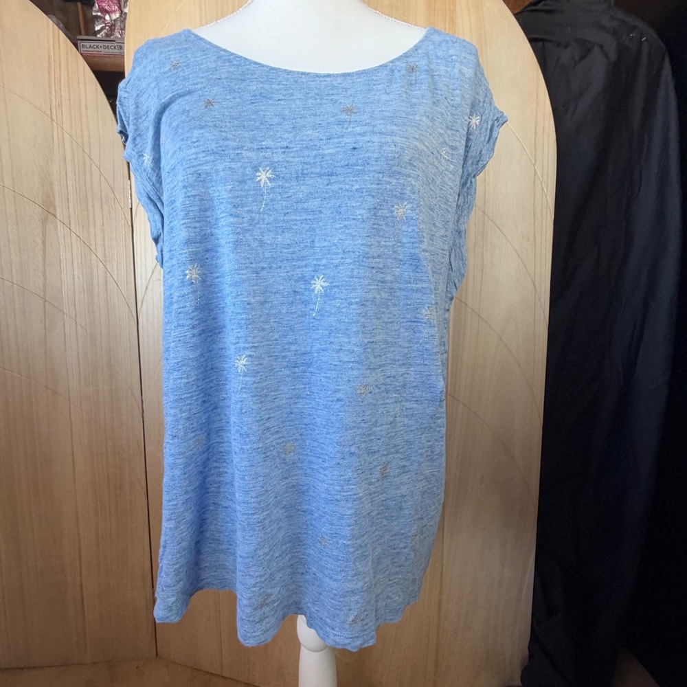 Tommy Bahama Linen Top Large Blue Palm Tree Embroidered Short Sleeve Casual Tee